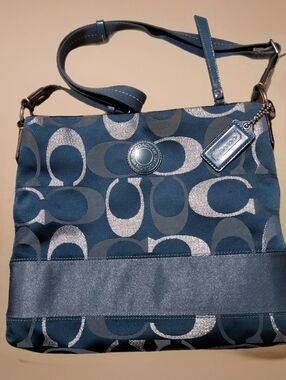 COACH SIGNATURE STRIPE FILE BAG. TEAL AND METALLIC SILVER.